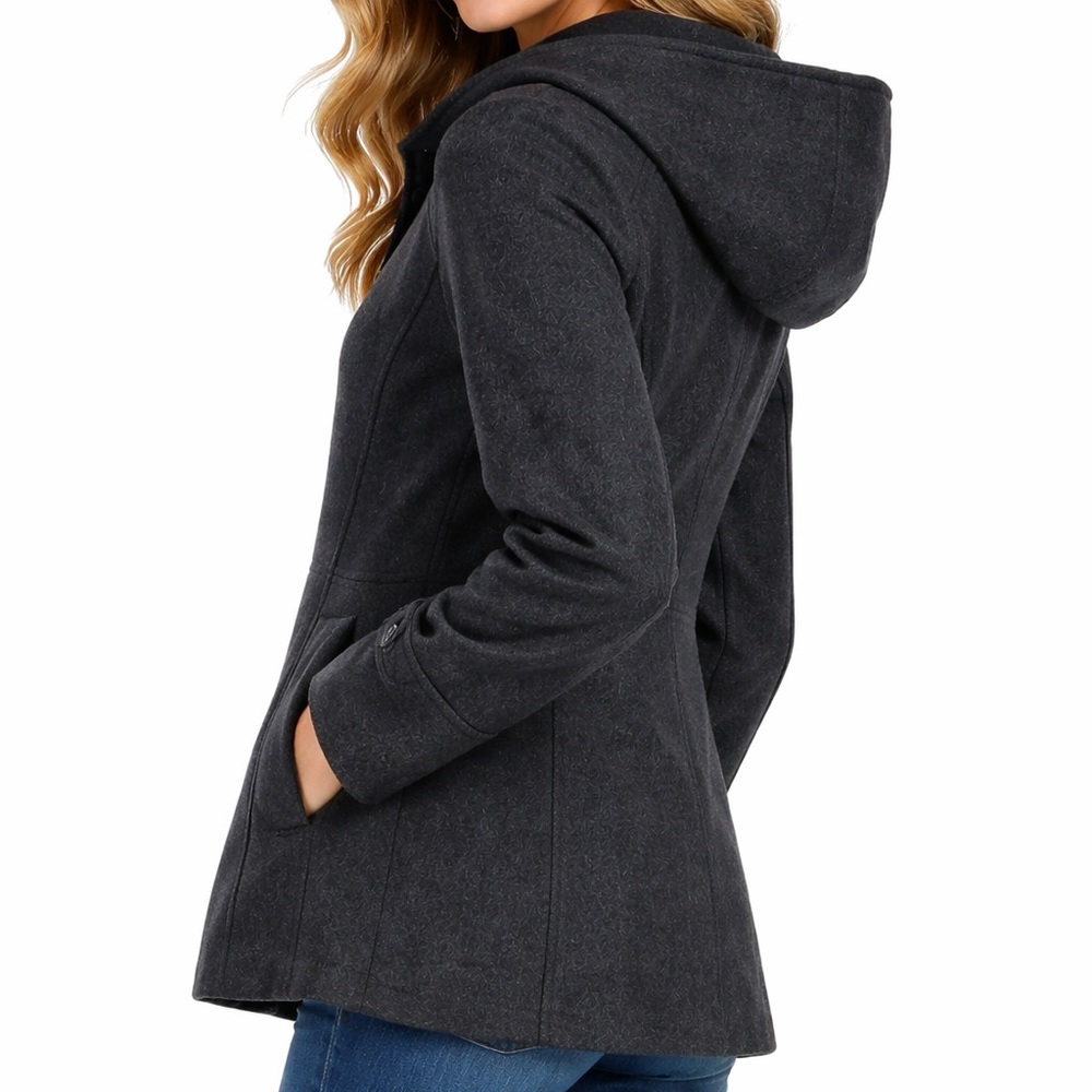 London‎ Fog Dark Grey Zip Front Wool Coat Jacket With Hood & Side Pockets Medium